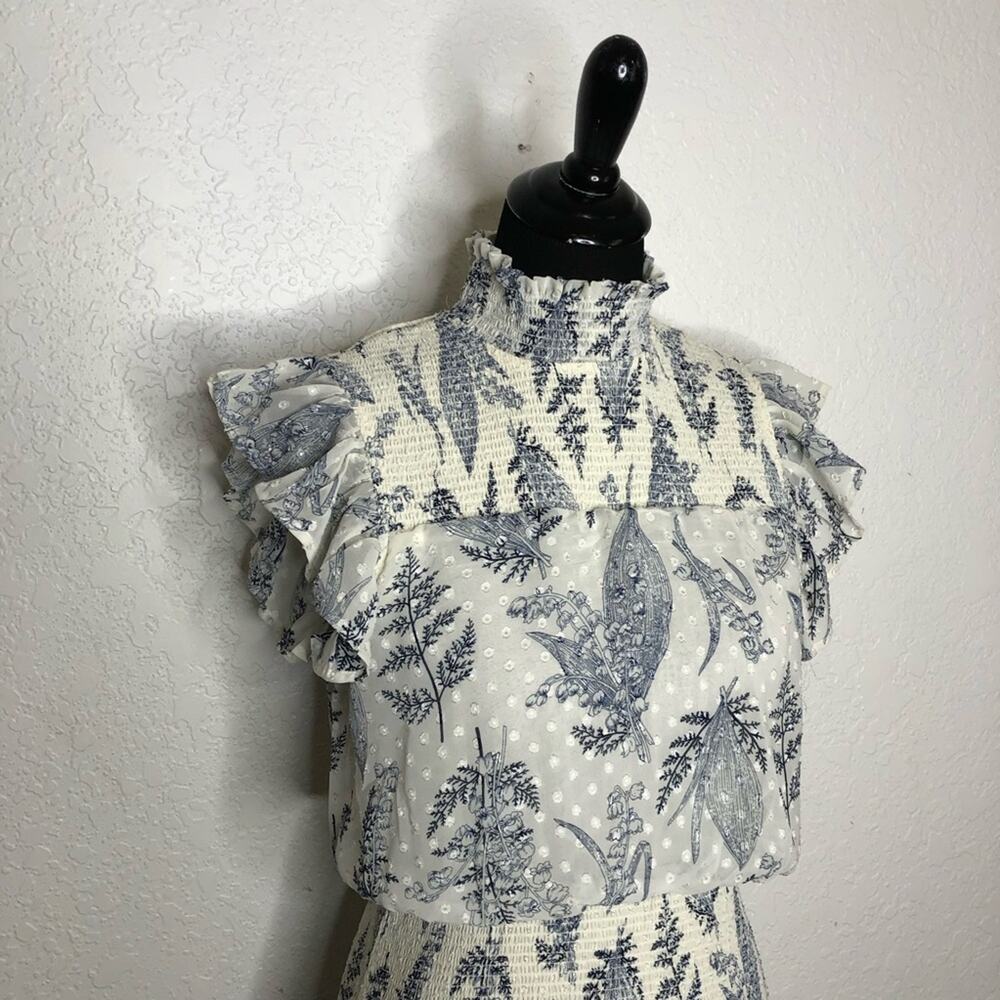 INA white blue floral ruffle smocked maxi dress size Medium - Picture 2 of 16